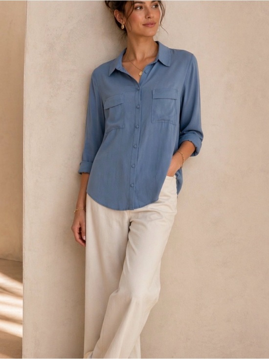 Anthropologie Tops - Anthropologie Pleione Blue Utility Blouse Button Up Quiet Luxury Minimalist M